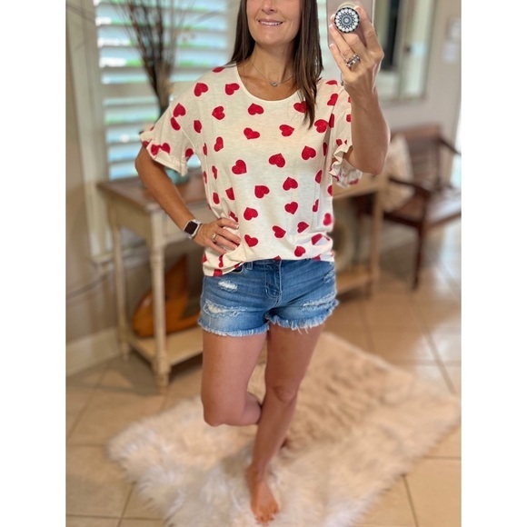 Heart Valentine Round Neck Short Ruffle Flutter Sleeve Top Red White 2522 - Picture 10 of 11